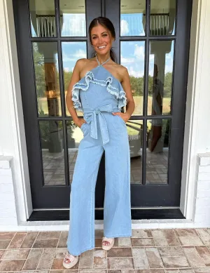 Double Layered Denim Halter Jumpsuit- Light Wash