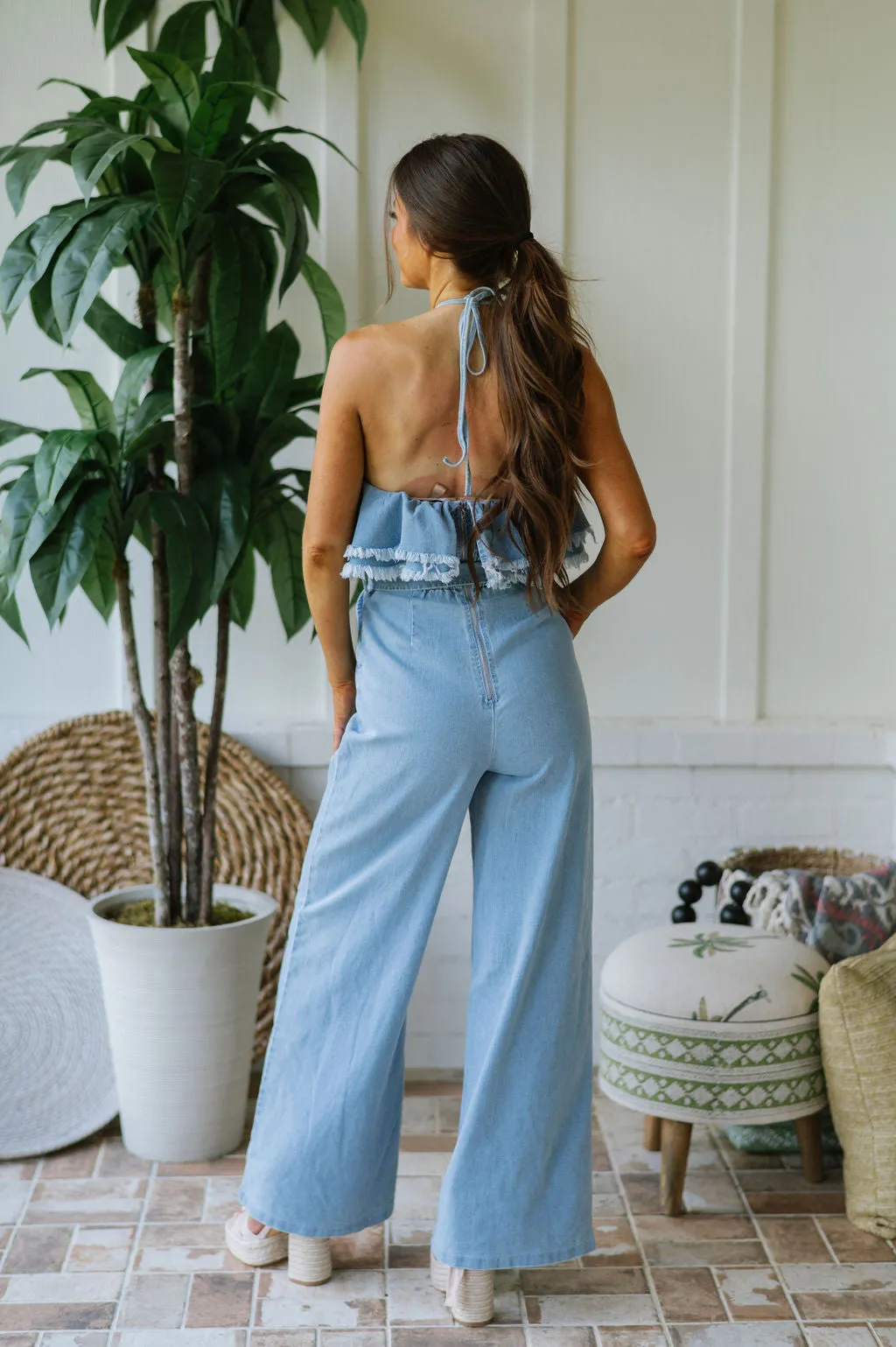 Double Layered Denim Halter Jumpsuit- Light Wash