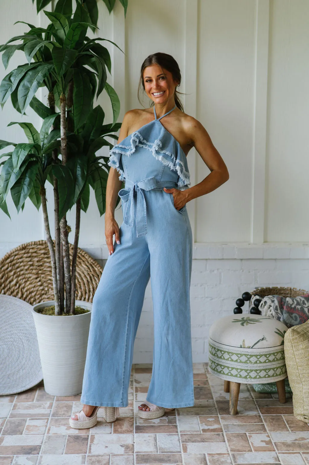 Double Layered Denim Halter Jumpsuit- Light Wash