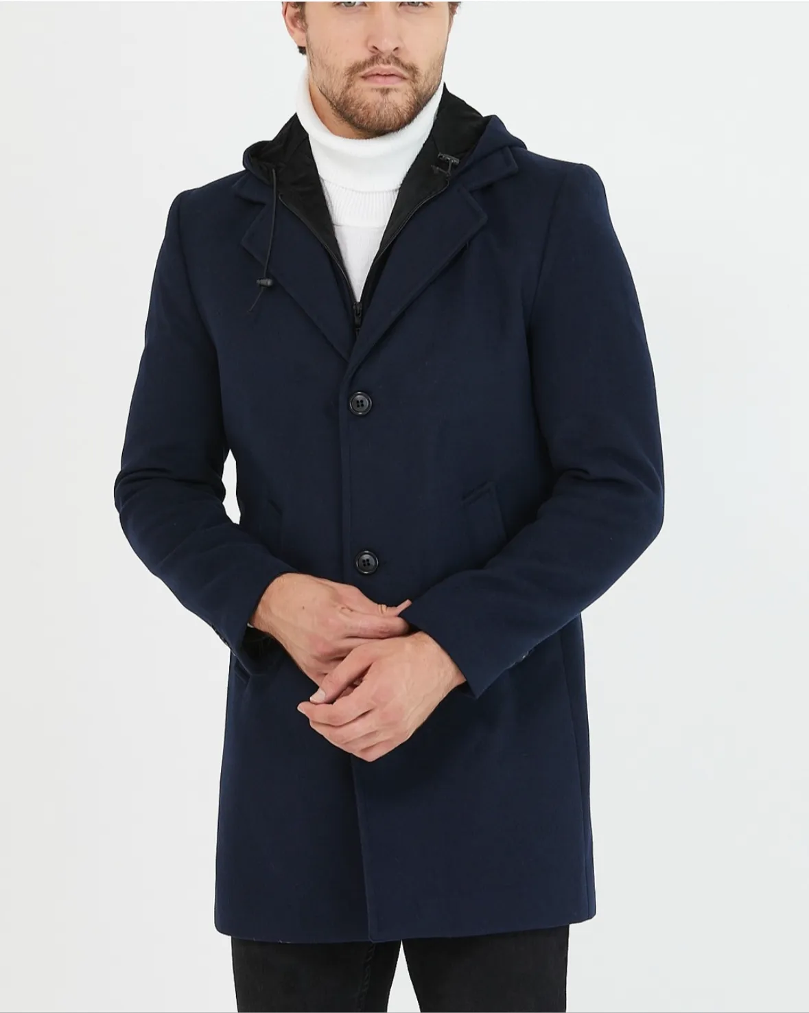 [Drew] Navy Blue Single-Breasted Pea Coat with Removable Hood – 100% Wool