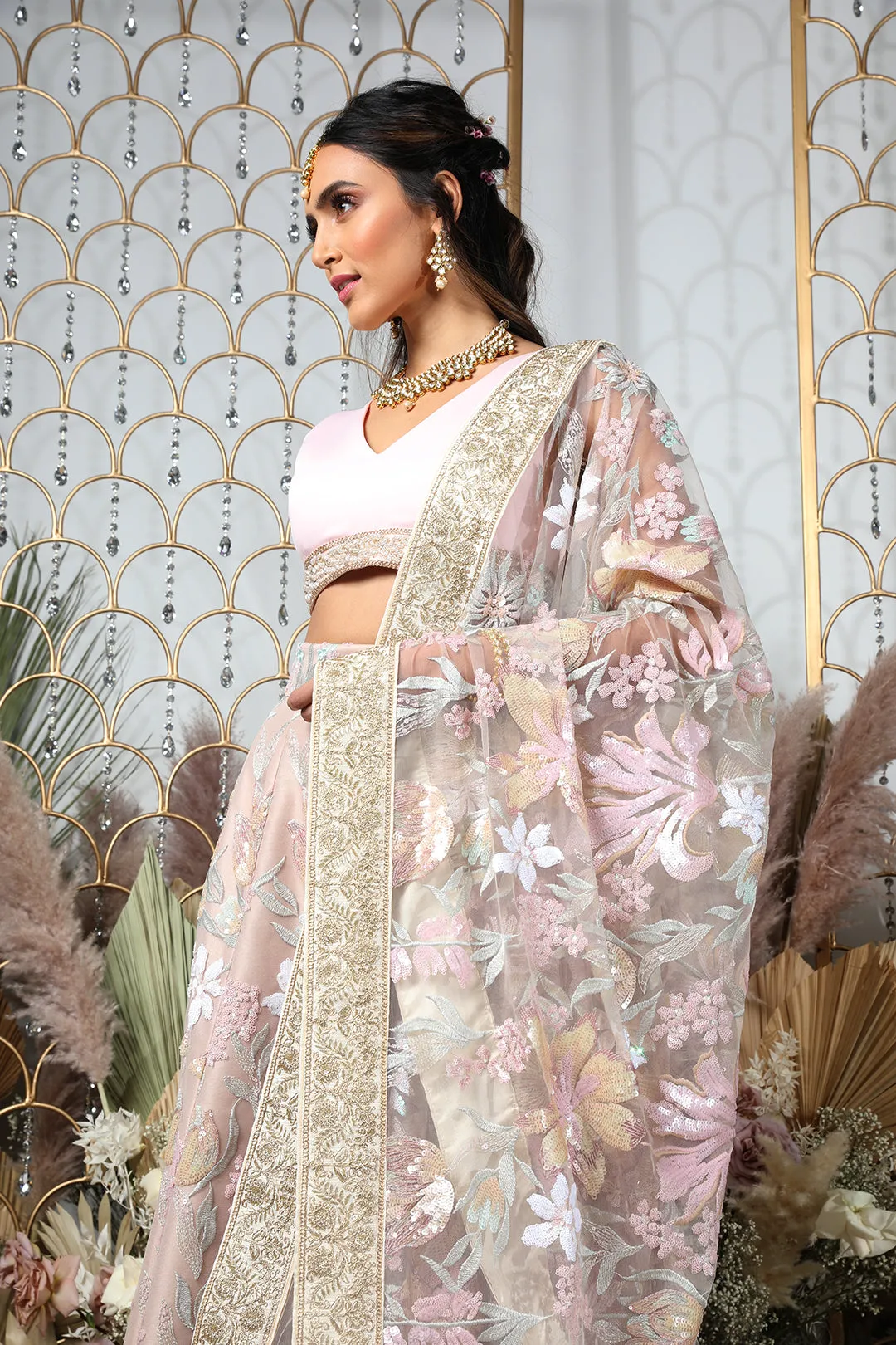 DULARI Pastel Floral Sequin Dupatta