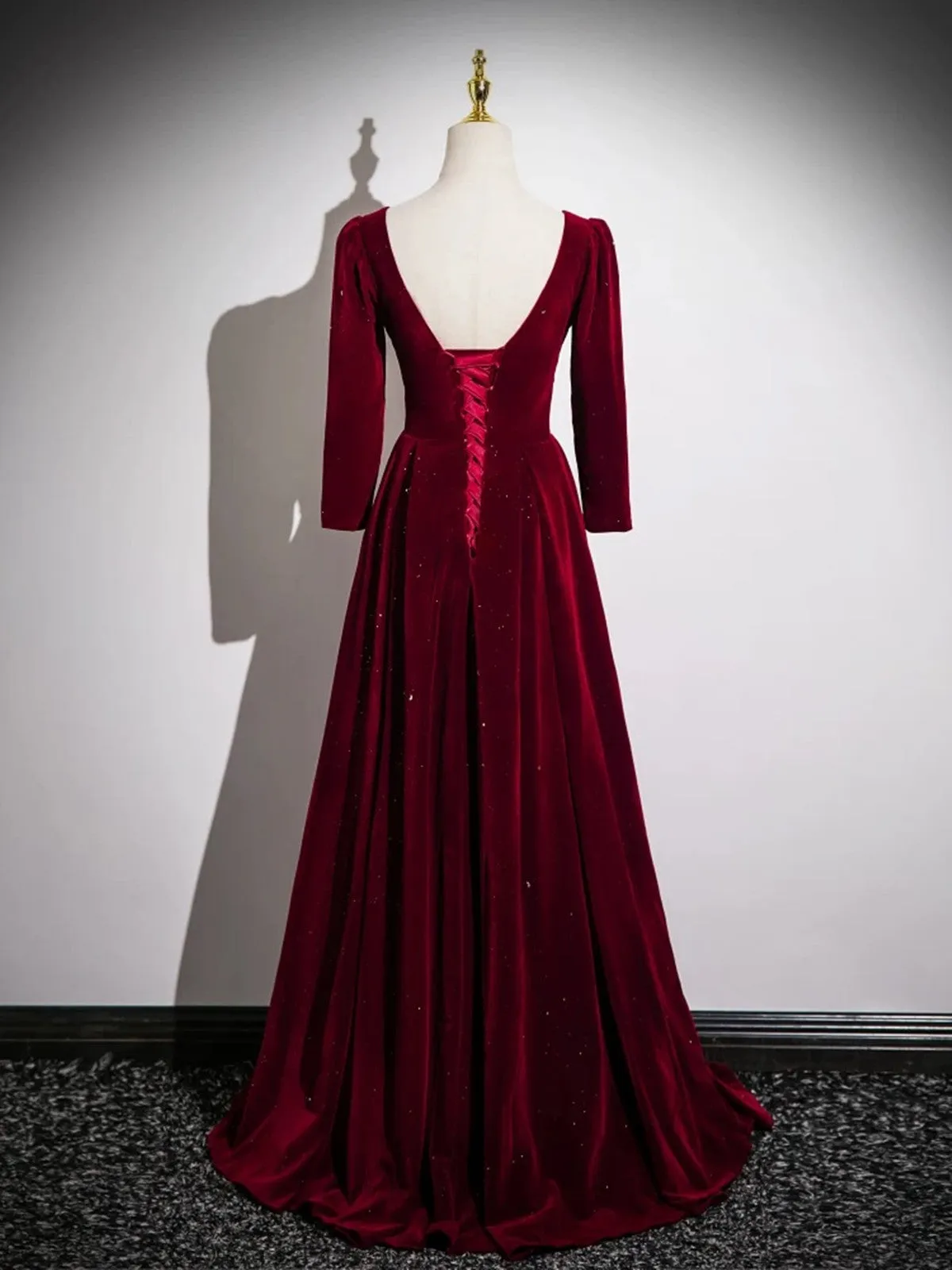 Elegant Wine Red Velvet Long Sleeves Party Dress, A-line Wine Red Prom Dress