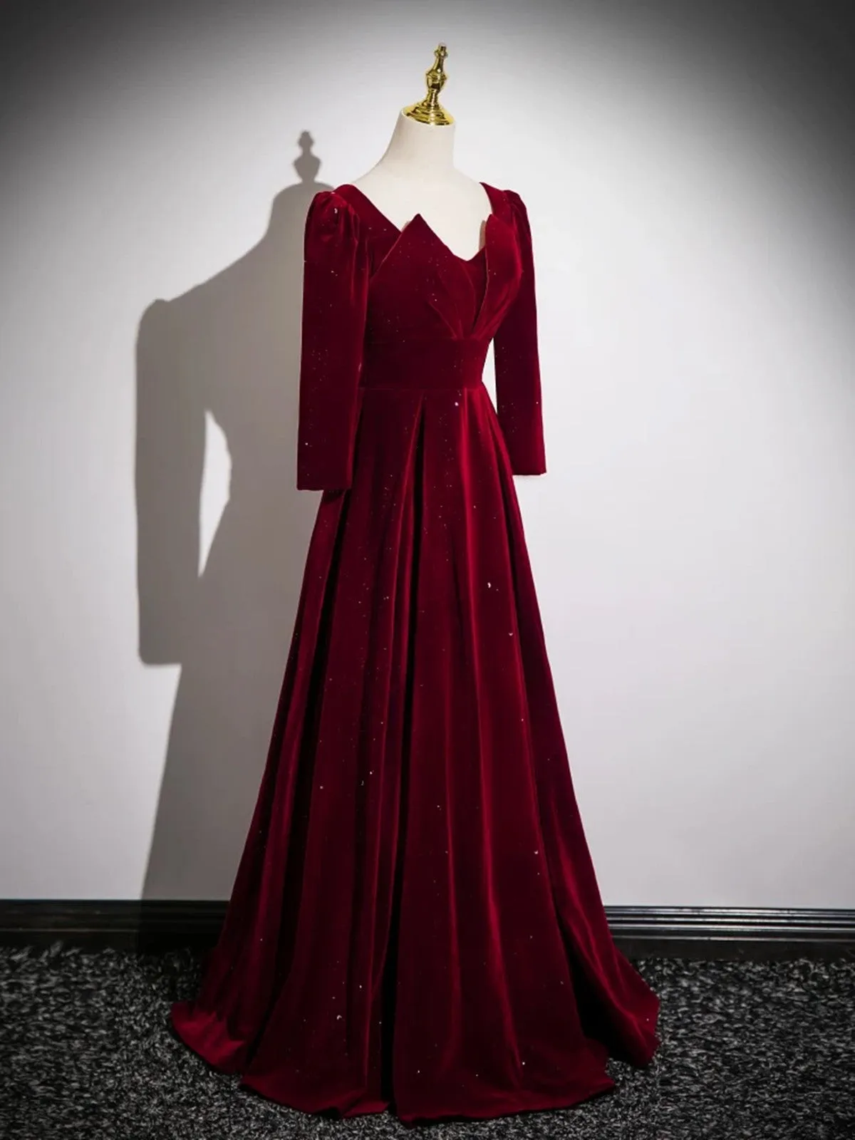 Elegant Wine Red Velvet Long Sleeves Party Dress, A-line Wine Red Prom Dress