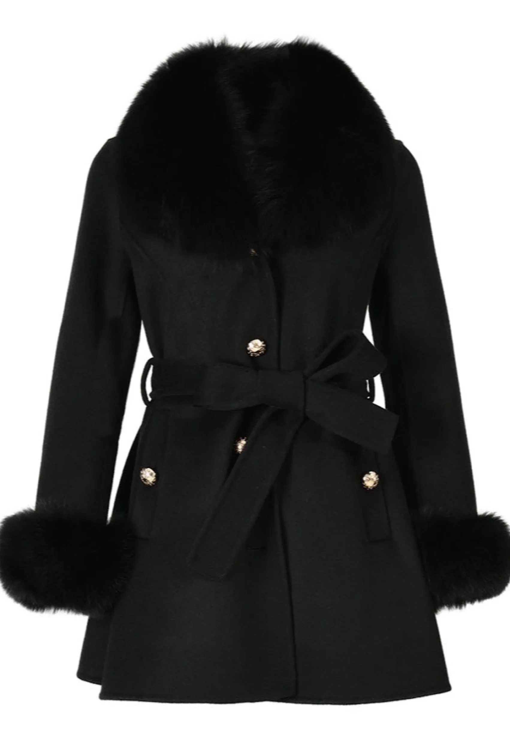 ELINOR Black Cashmere Coat with Fox Fur