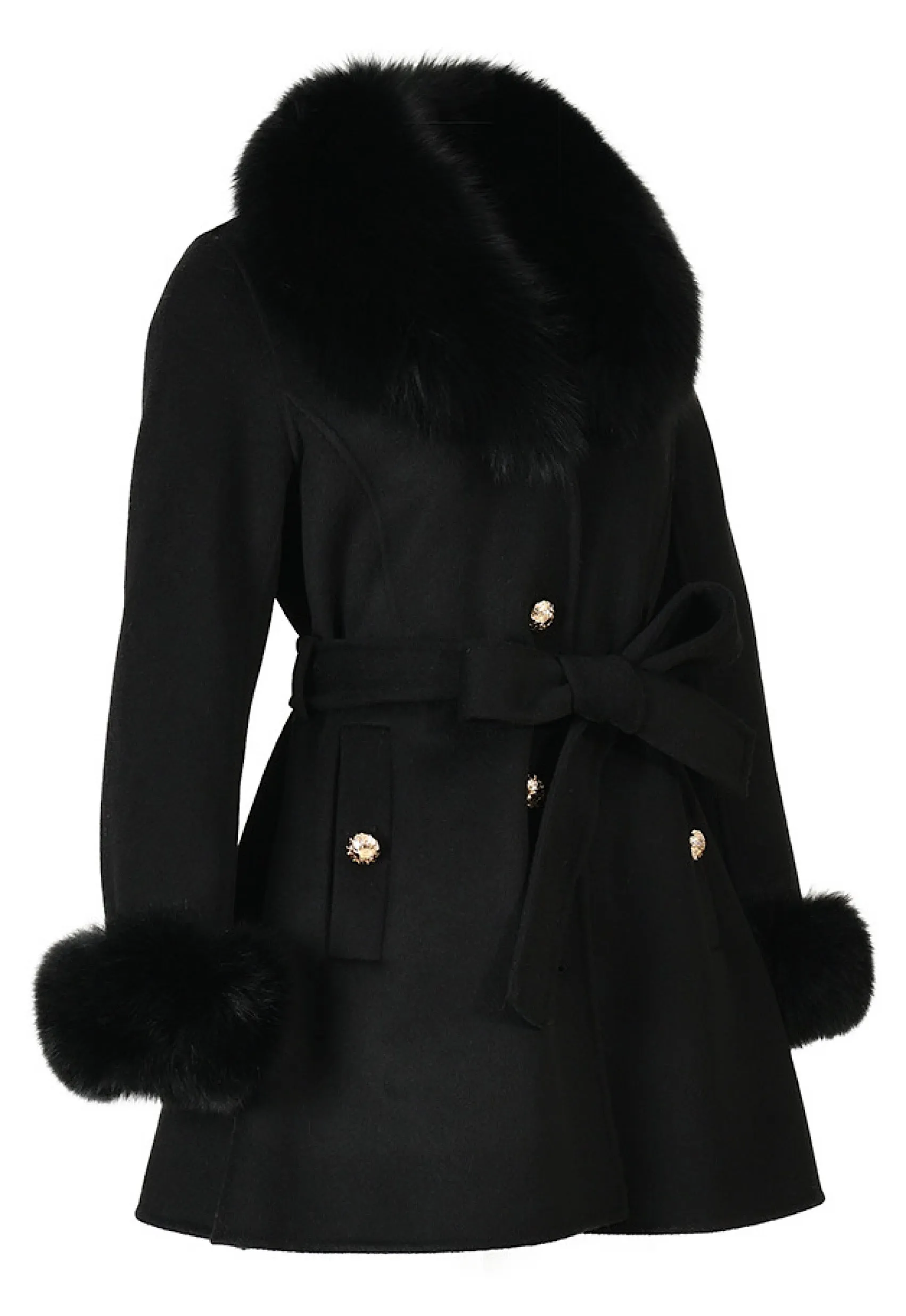 ELINOR Black Cashmere Coat with Fox Fur