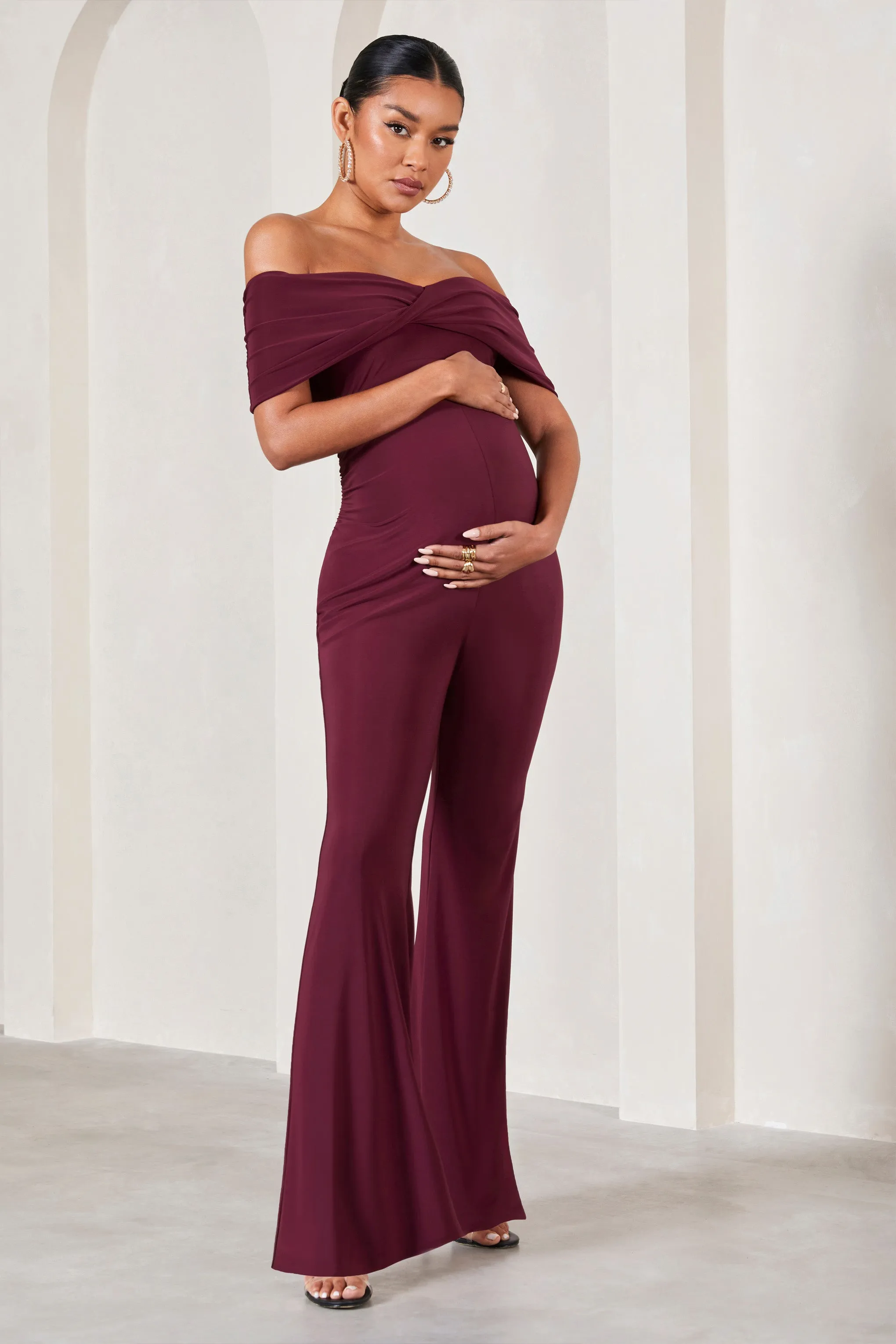 Elisa | Burgundy Bardot Flared-Leg Maternity Jumpsuit