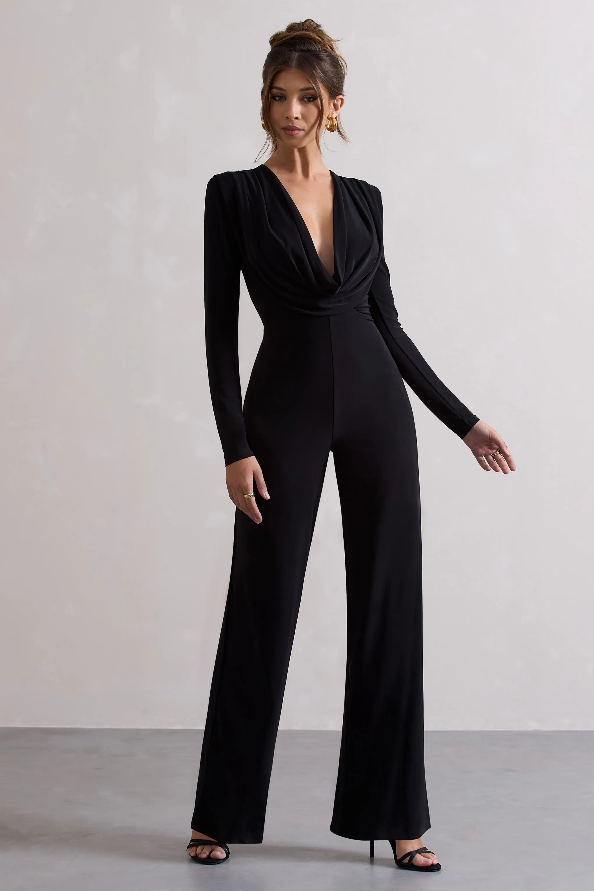 Elisha | Black Plunge-Neck Wide-Leg Jumpsuit