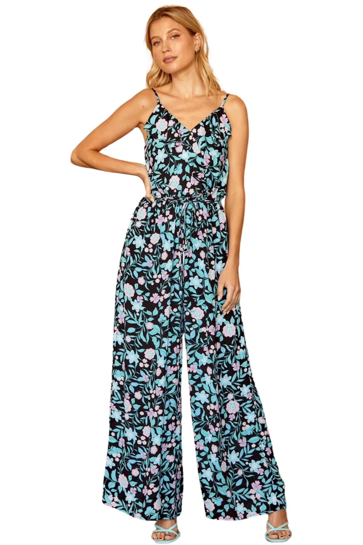 Emily Wonder Wide Leg Jumpsuit in Black with Teal, Pink & White Floral Design