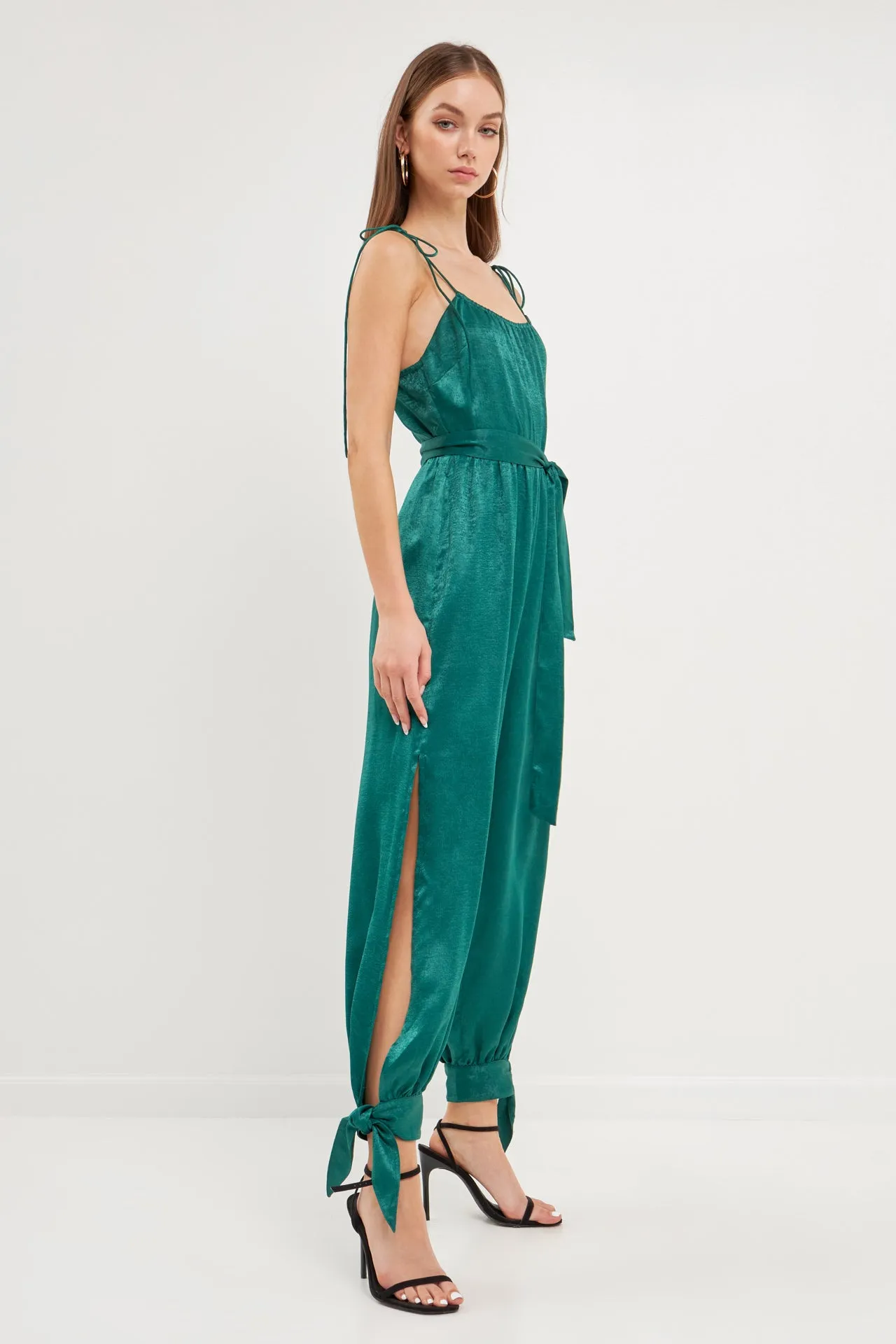 Endless Rose - Side Bow Tie Slit Jumpsuit