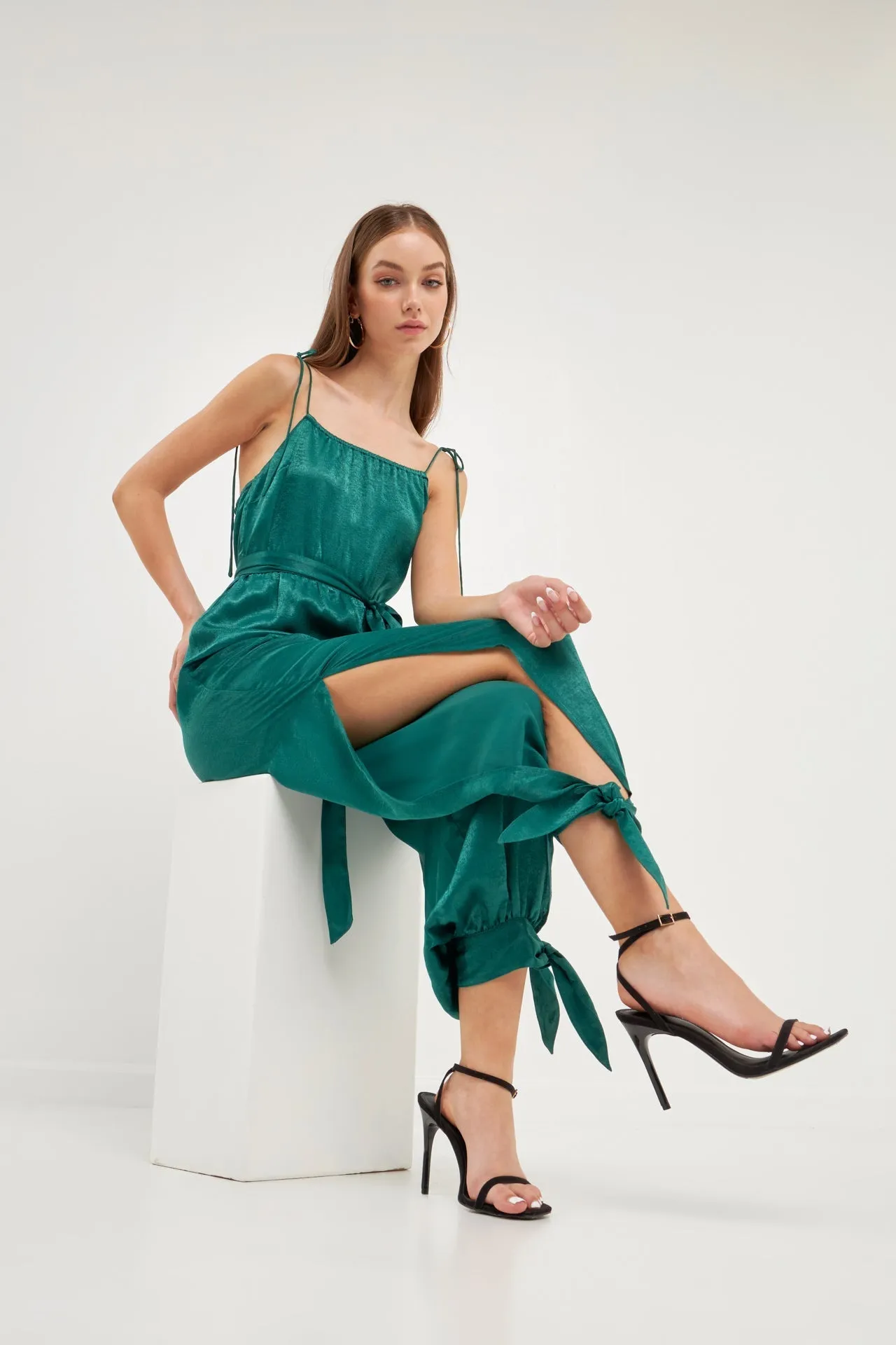 Endless Rose - Side Bow Tie Slit Jumpsuit