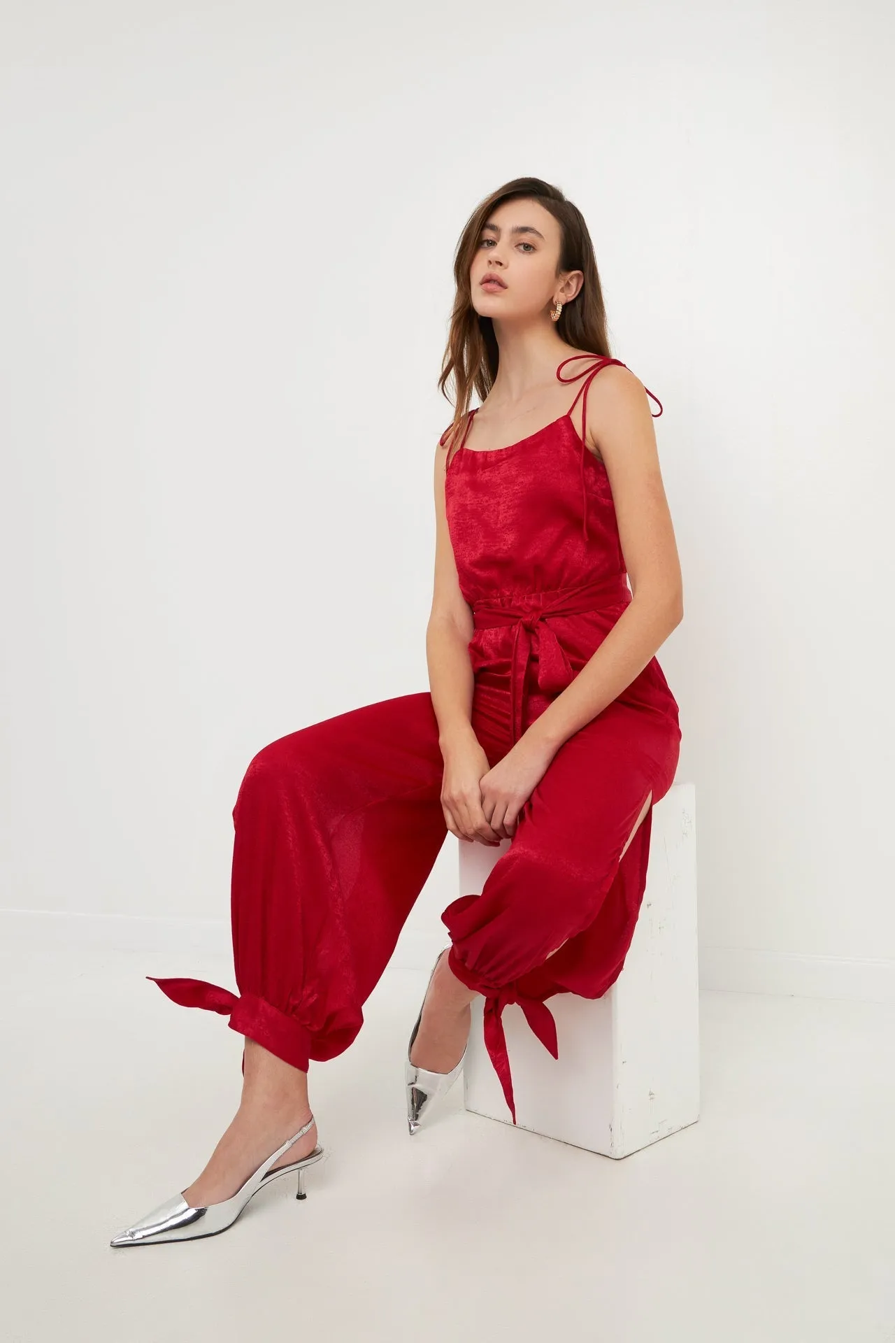 Endless Rose - Side Bow Tie Slit Jumpsuit