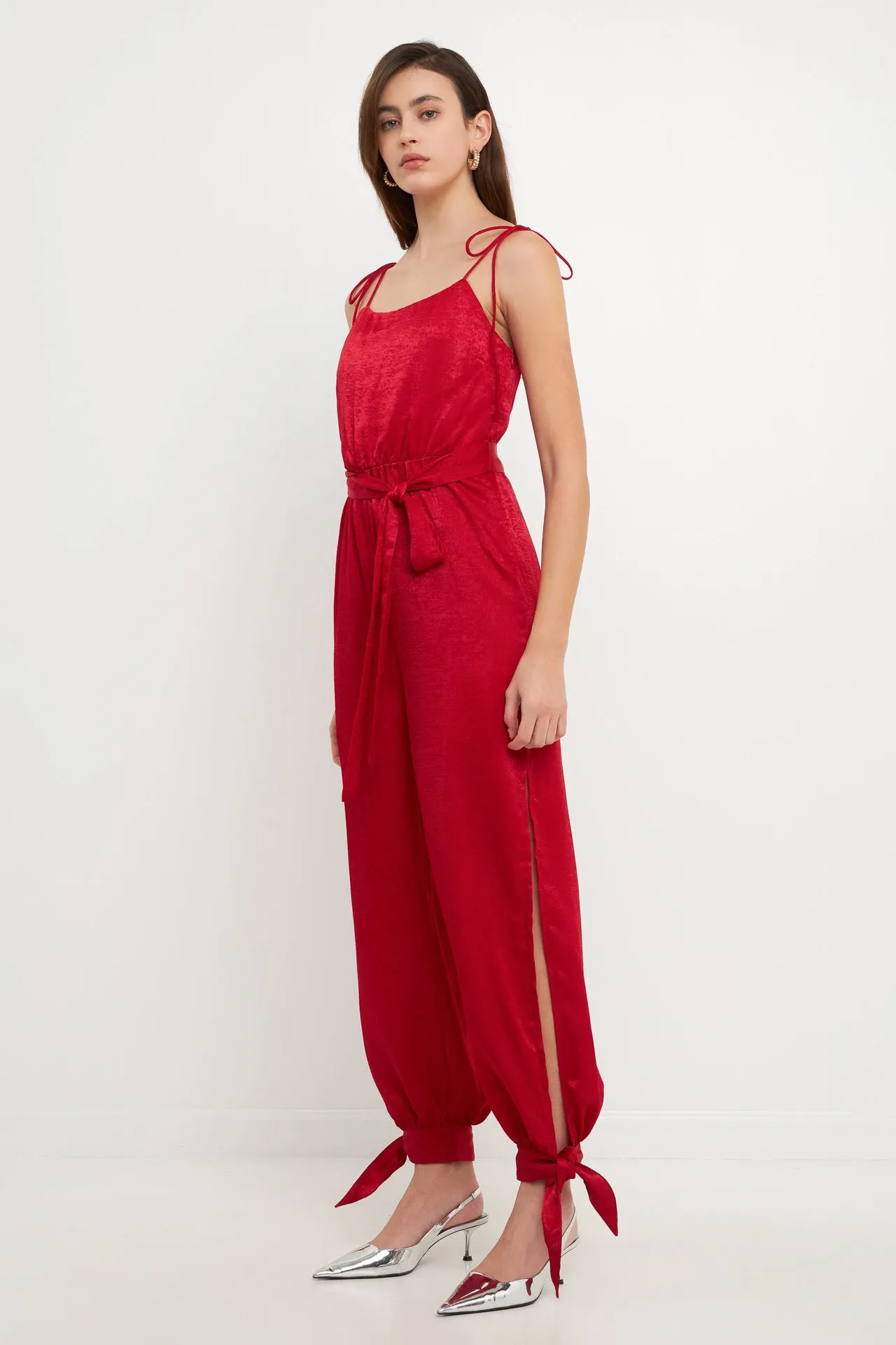 Endless Rose - Side Bow Tie Slit Jumpsuit