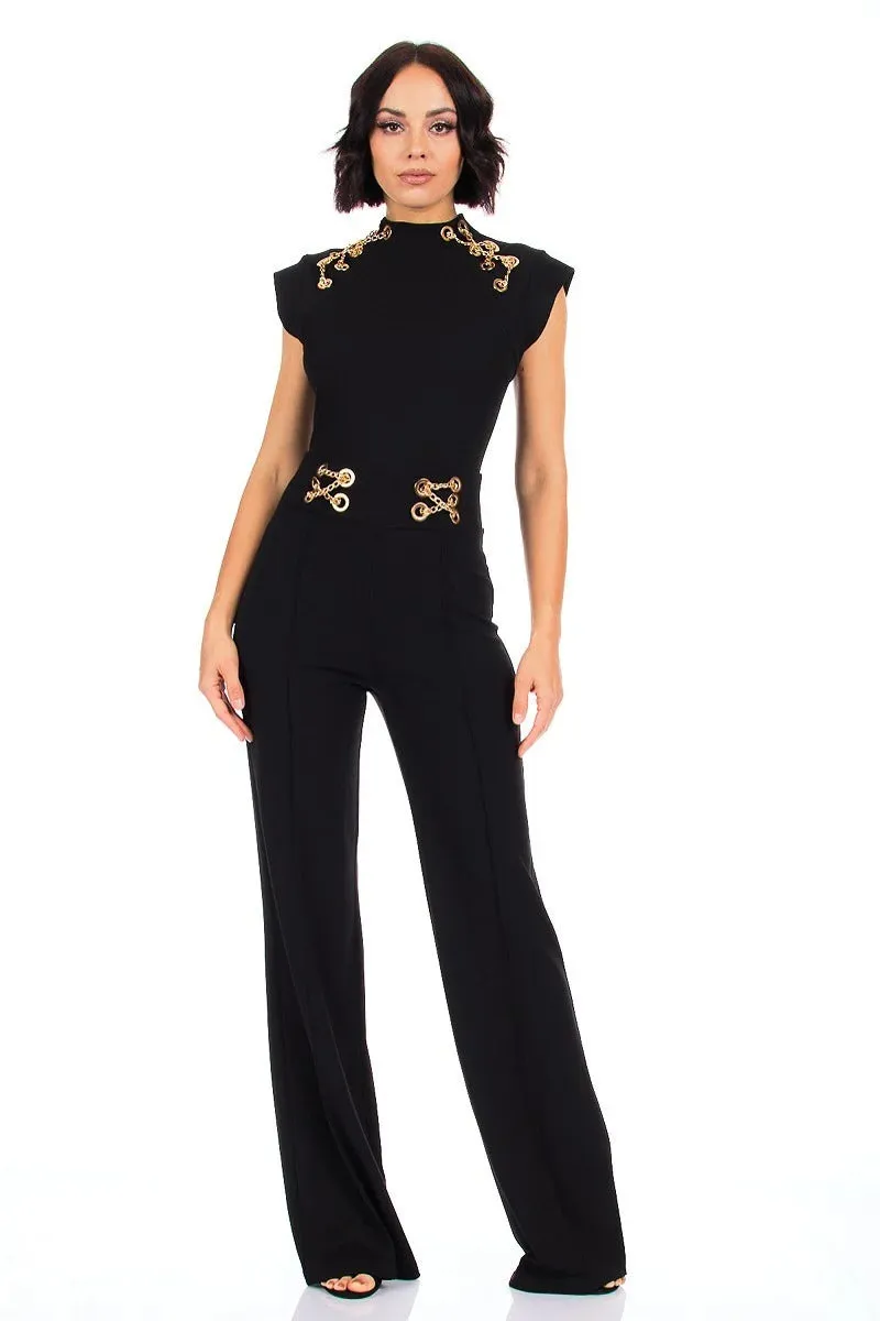 Eyelet With Chain Deatiled Fashion Jumpsuit