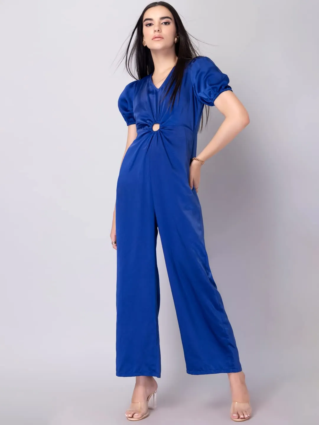 FabAlley Blue Satin Front Cut Out Jumpsuit