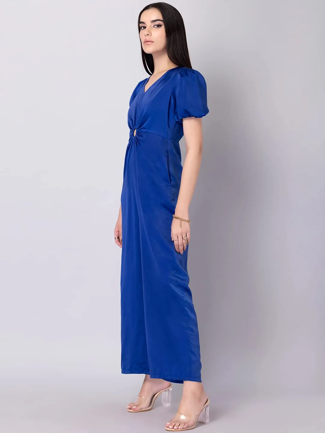 FabAlley Blue Satin Front Cut Out Jumpsuit