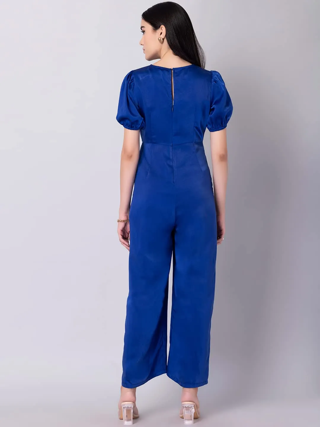 FabAlley Blue Satin Front Cut Out Jumpsuit