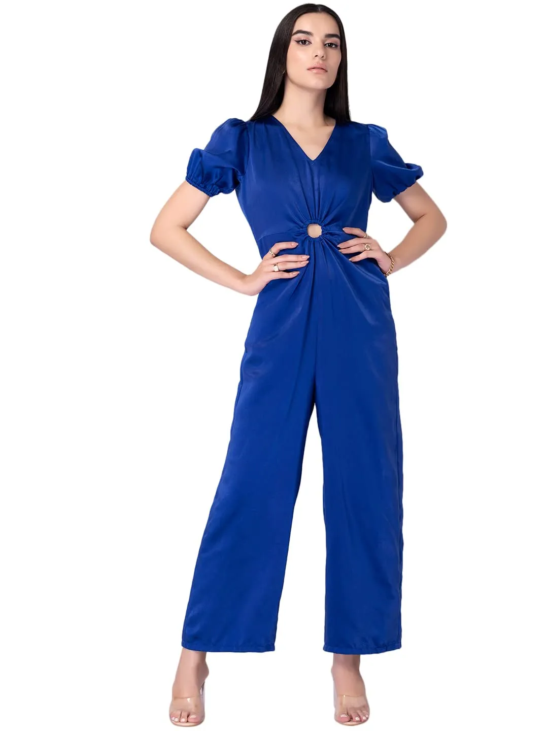 FabAlley Blue Satin Front Cut Out Jumpsuit