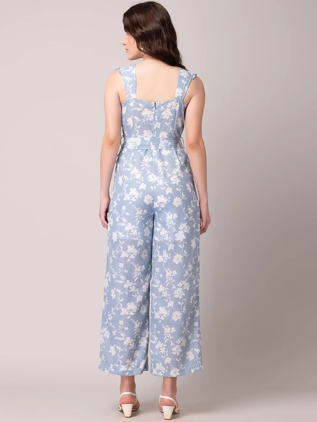 FabAlley Indya Blue And White Floral Print Jumpsuit With Belt