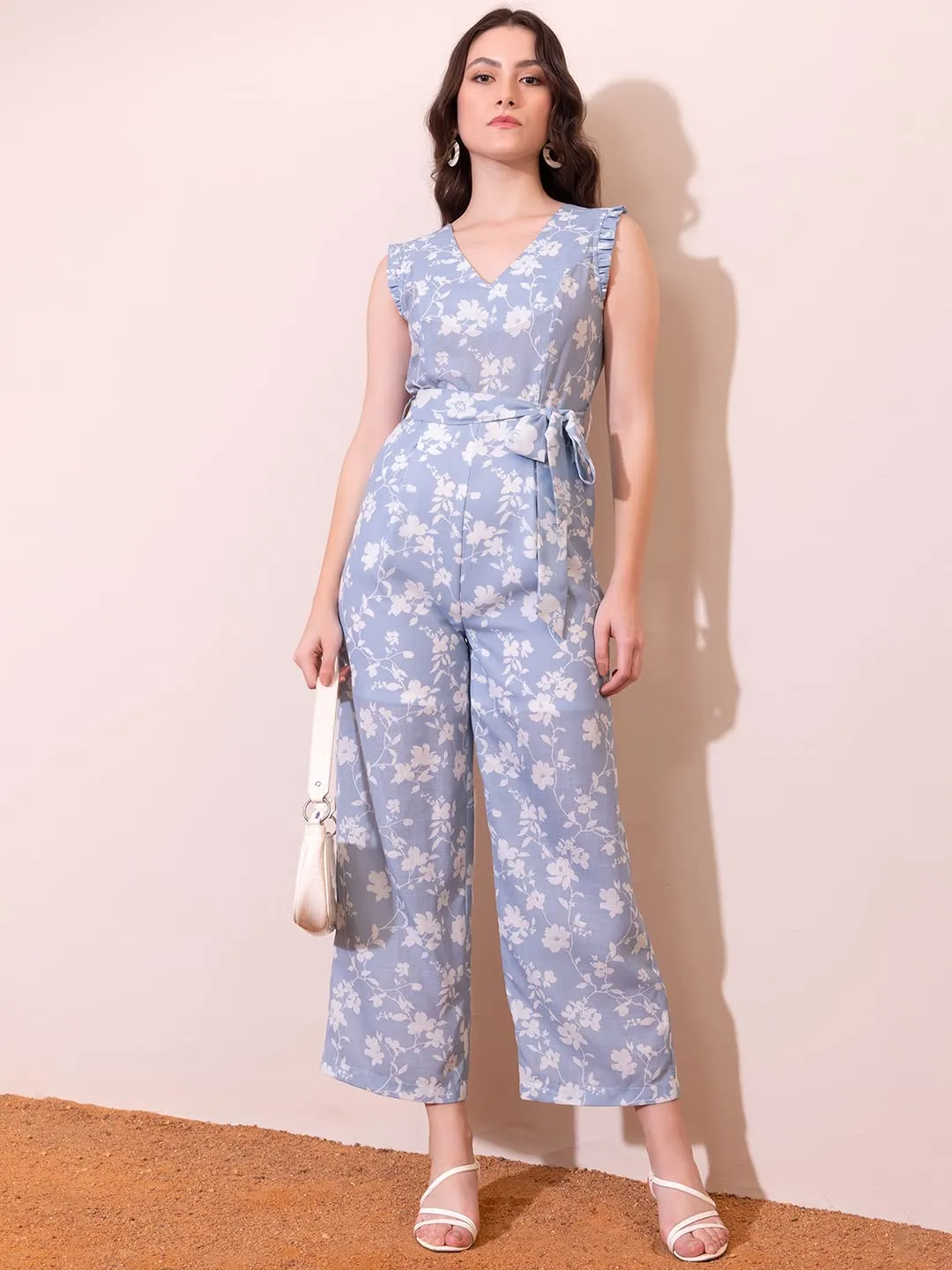 FabAlley Indya Blue And White Floral Print Jumpsuit With Belt