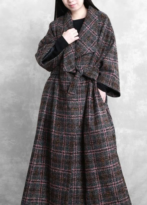 Fashion trendy plus size women coats gray plaid tie waist pockets wool coat