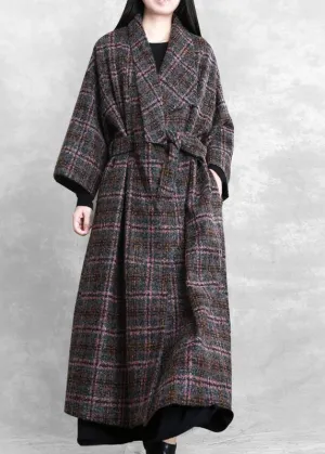 Fashion trendy plus size women coats gray plaid tie waist pockets wool coat