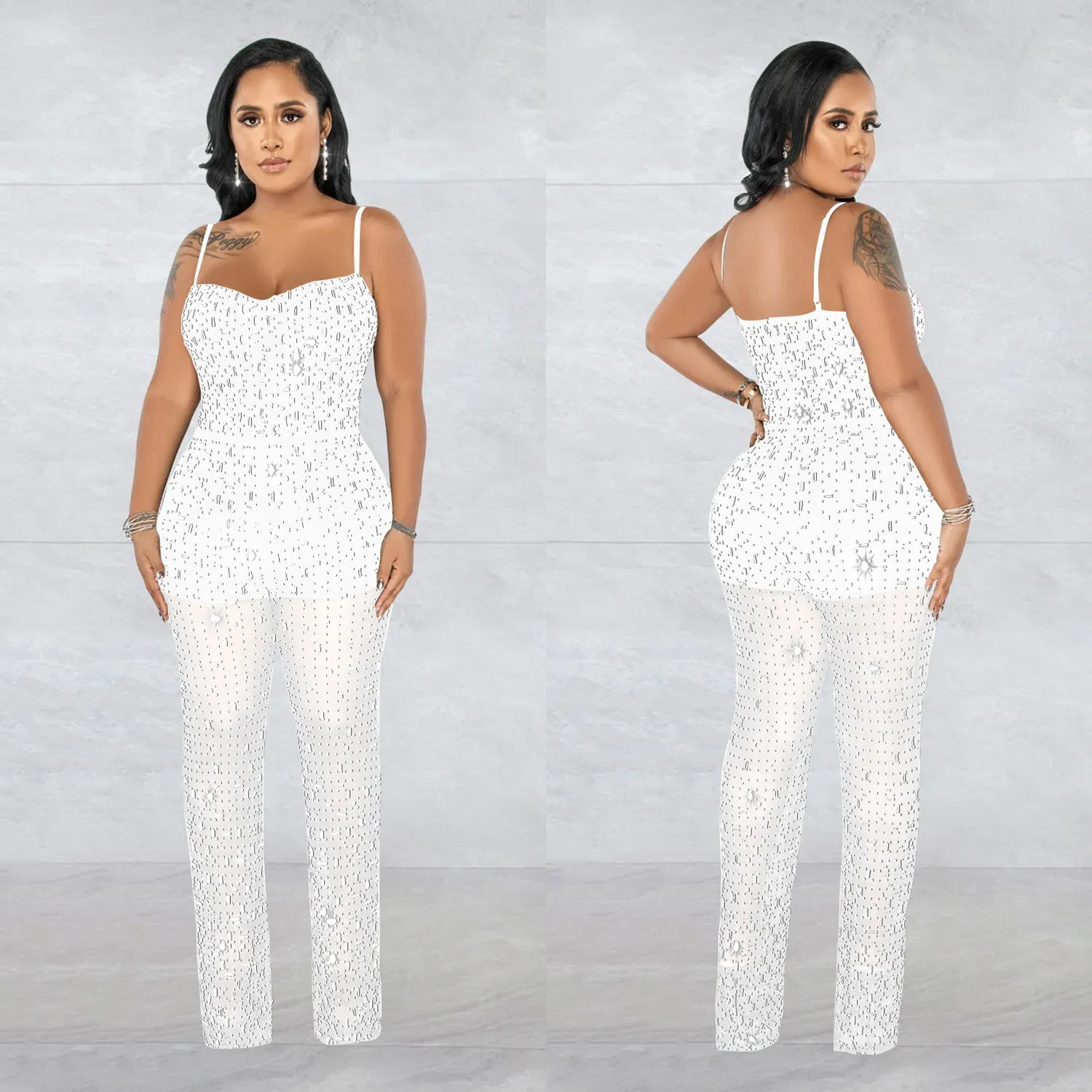 Fashionable Rhinestone Mesh Halter Sleeveless Sparkly Jumpsuit