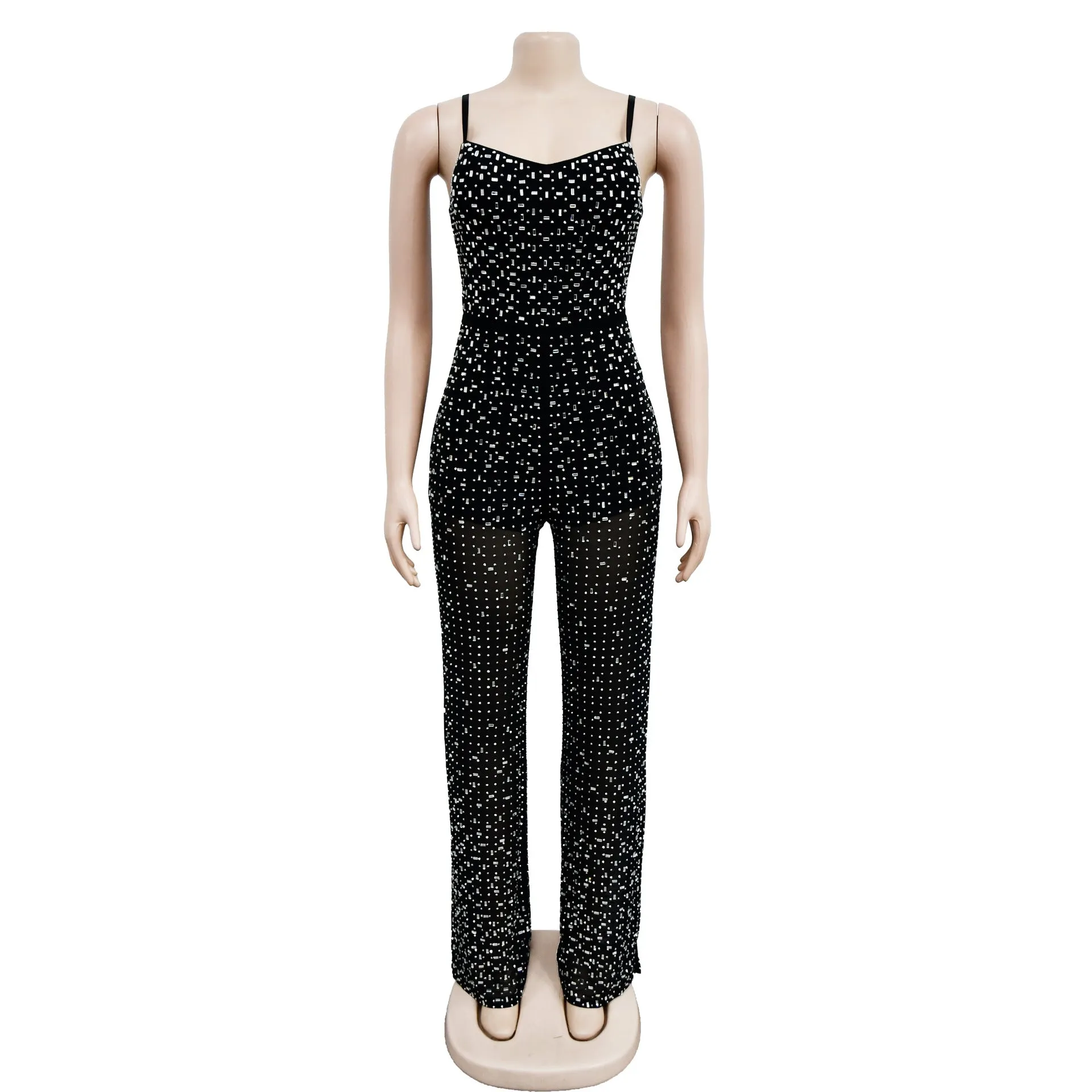 Fashionable Rhinestone Mesh Halter Sleeveless Sparkly Jumpsuit