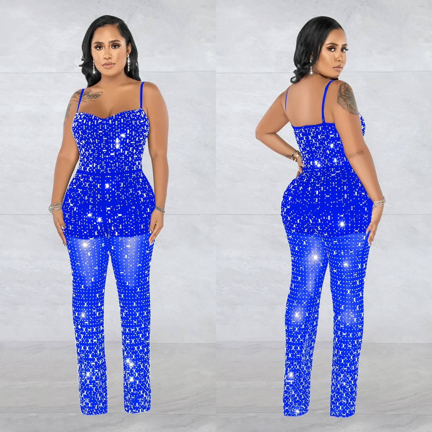 Fashionable Rhinestone Mesh Halter Sleeveless Sparkly Jumpsuit