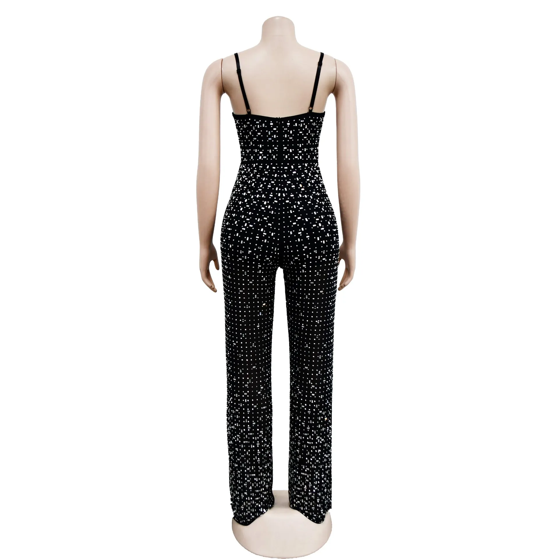 Fashionable Rhinestone Mesh Halter Sleeveless Sparkly Jumpsuit