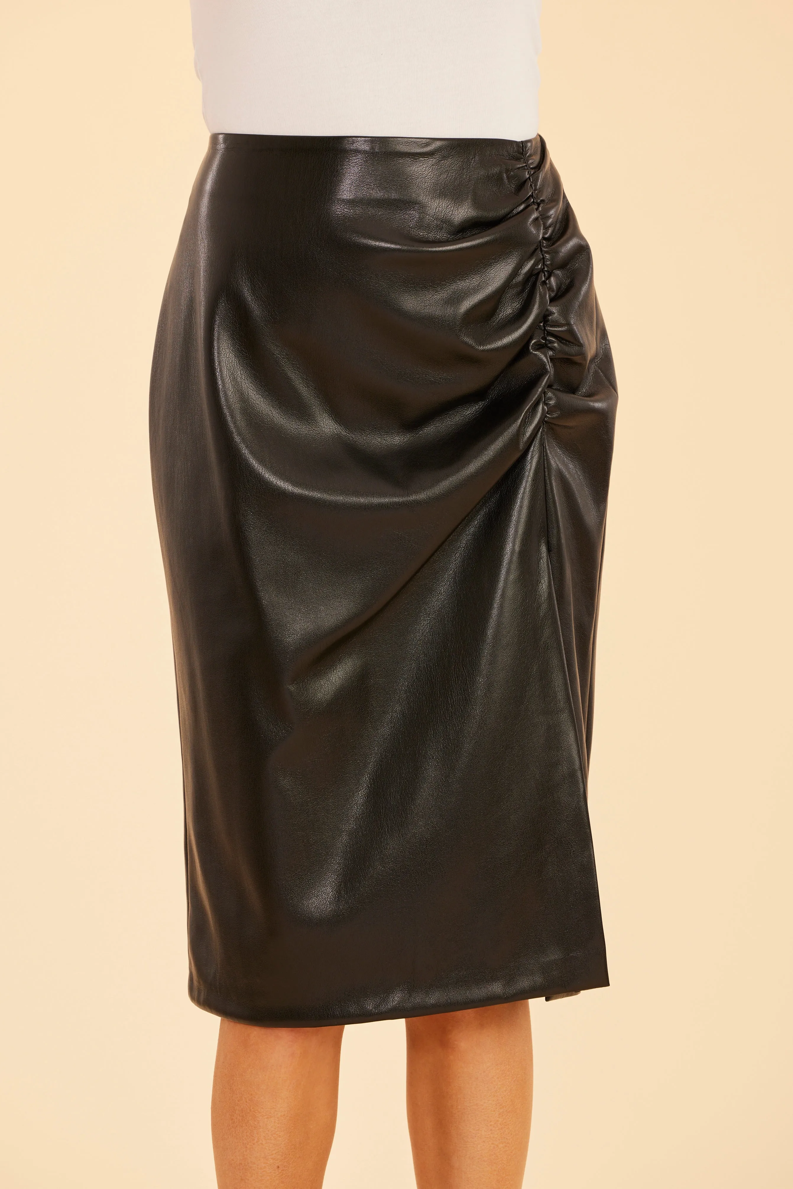 Faux Leather Ruched Side Slit Skirt