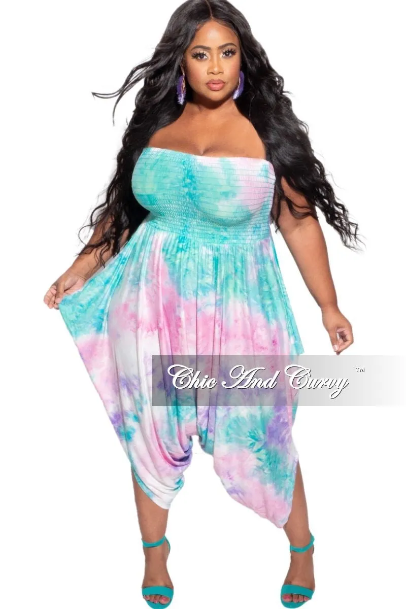 Final Sale Plus Size Strapless Smocked Harem Jumpsuit in Aqua Purple Pastel Tie Dye