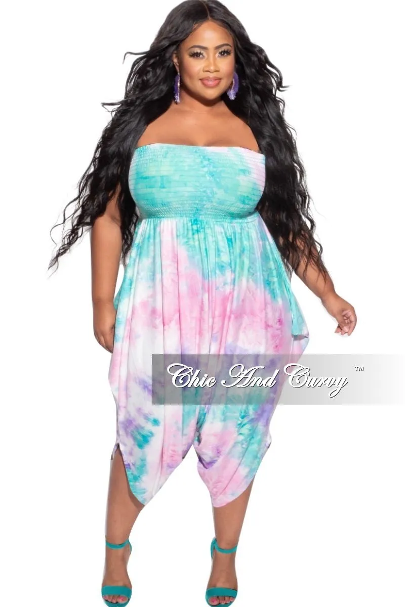 Final Sale Plus Size Strapless Smocked Harem Jumpsuit in Aqua Purple Pastel Tie Dye