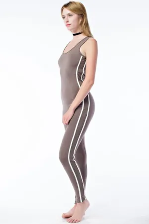 FINAL SALE-THE MYSTYLEMODE MOCHA WITH WHITE STRIPES SIDE MESH JUMPSUIT