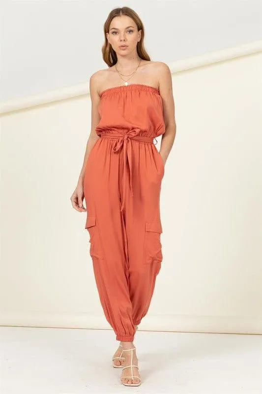 Flap Side Pockets Belted Tube Jumpsuit