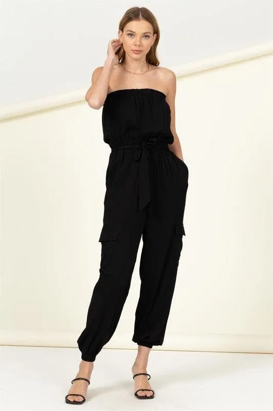 Flap Side Pockets Belted Tube Jumpsuit