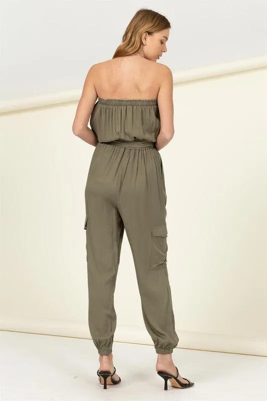 Flap Side Pockets Belted Tube Jumpsuit