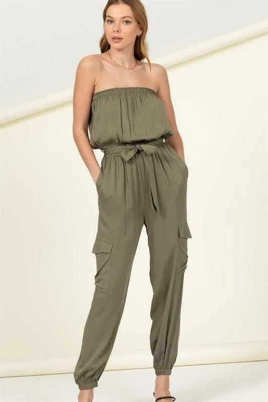 Flap Side Pockets Belted Tube Jumpsuit