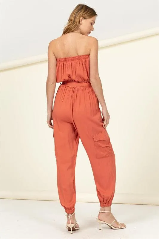 Flap Side Pockets Belted Tube Jumpsuit