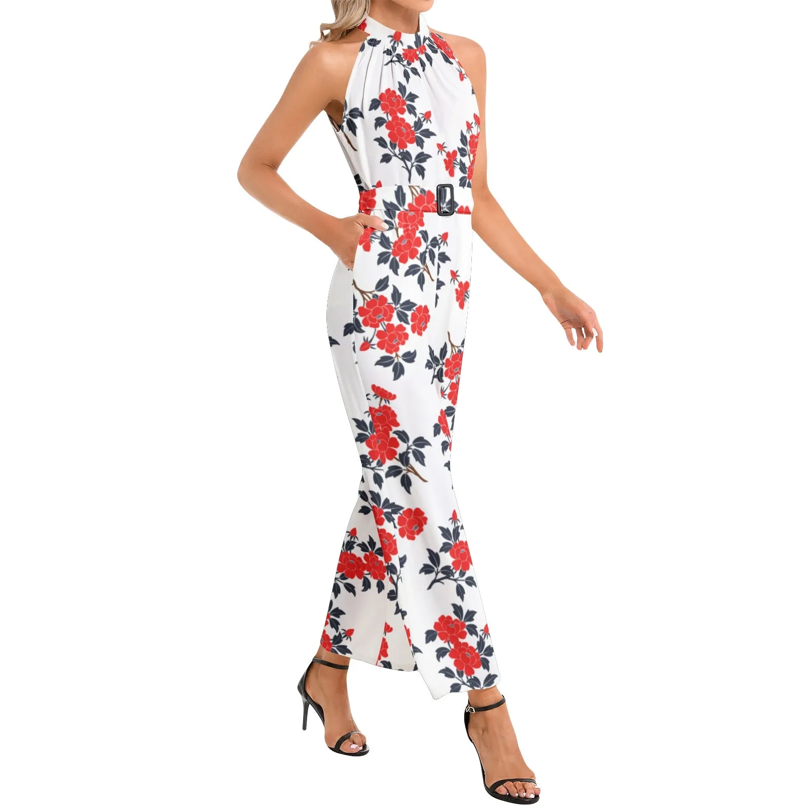 Floral Abstract Halter Neck Buckle Belted Jumpsuit