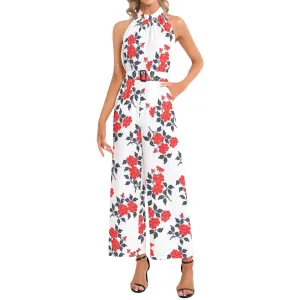 Floral Abstract Halter Neck Buckle Belted Jumpsuit