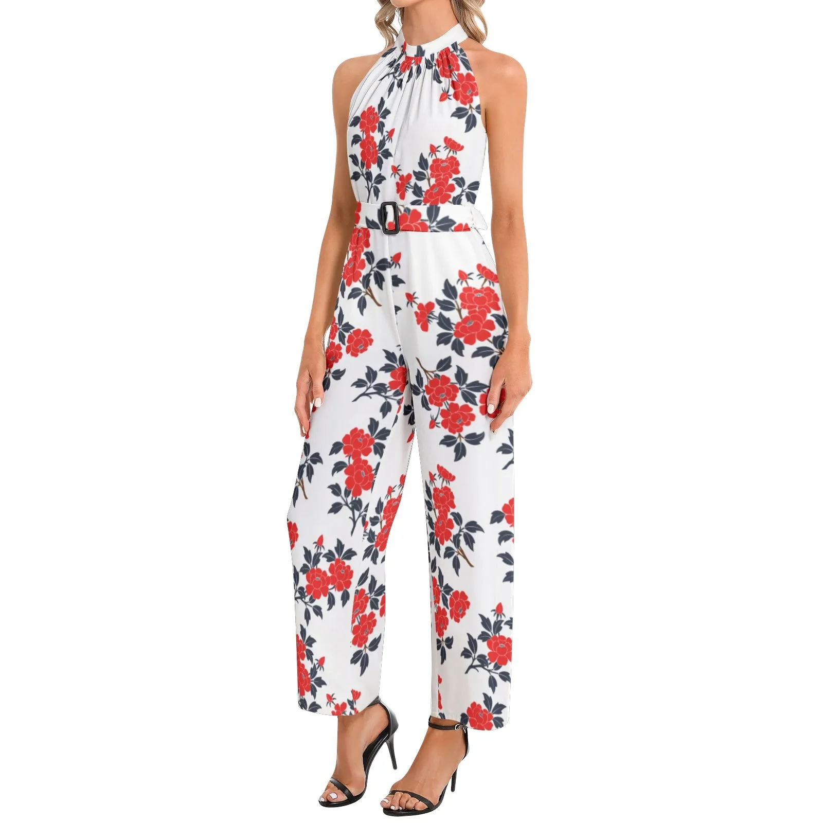 Floral Abstract Halter Neck Buckle Belted Jumpsuit