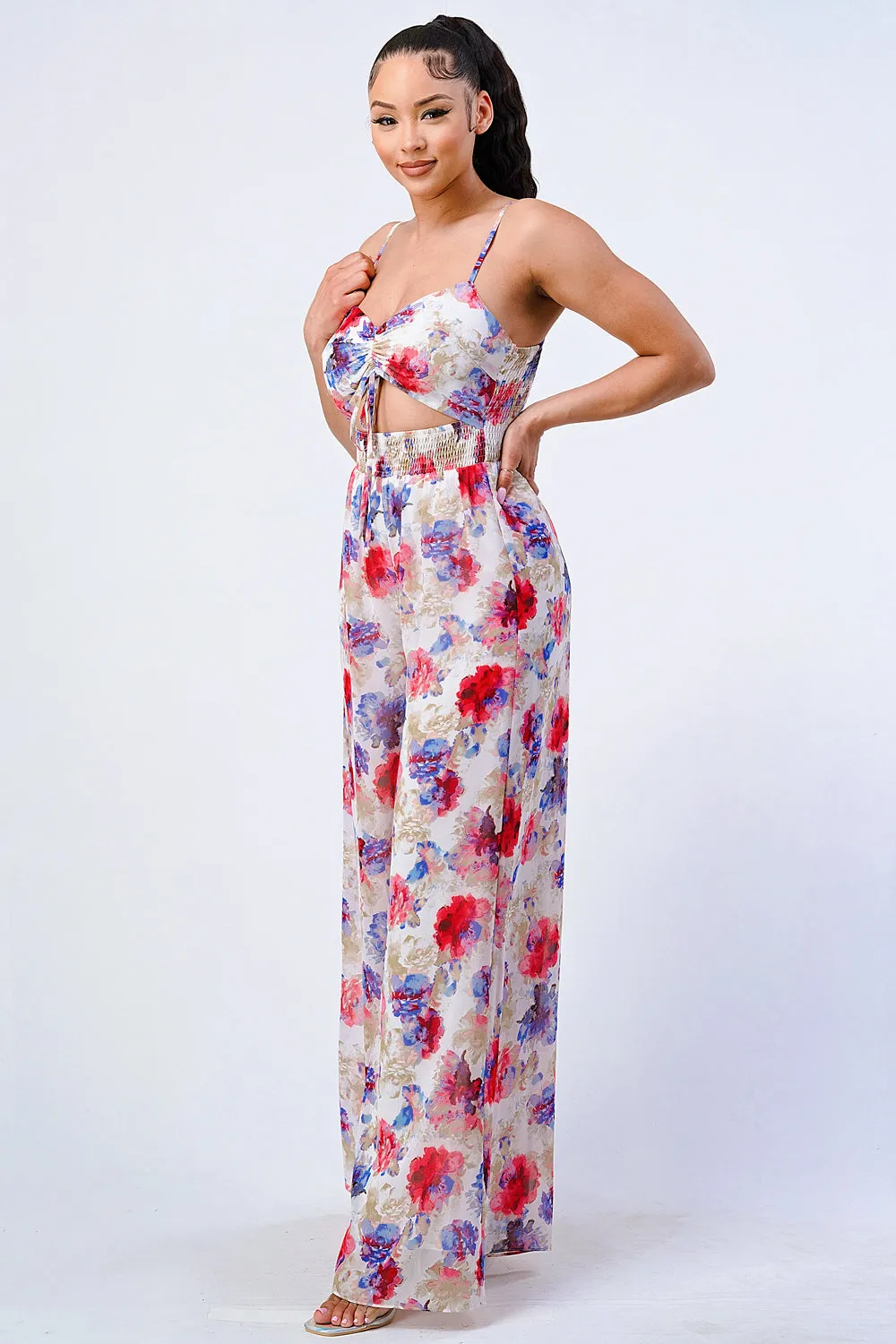 FLORAL SMOCKED KNOT KEYHOLE JUMPSUIT