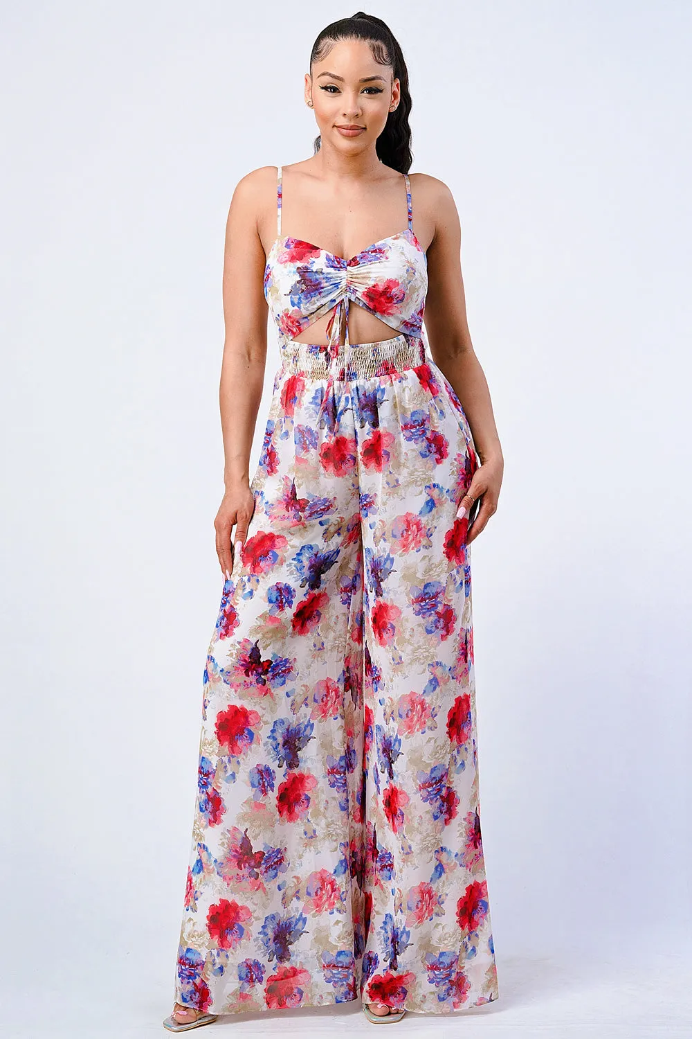 FLORAL SMOCKED KNOT KEYHOLE JUMPSUIT