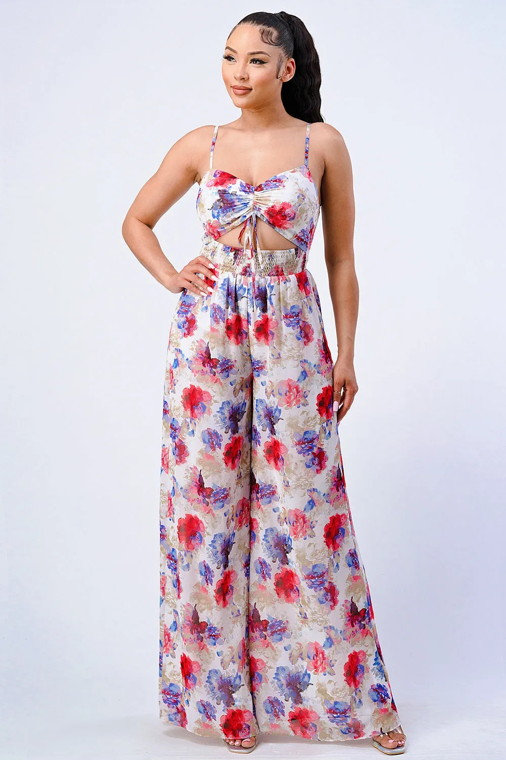 FLORAL SMOCKED KNOT KEYHOLE JUMPSUIT