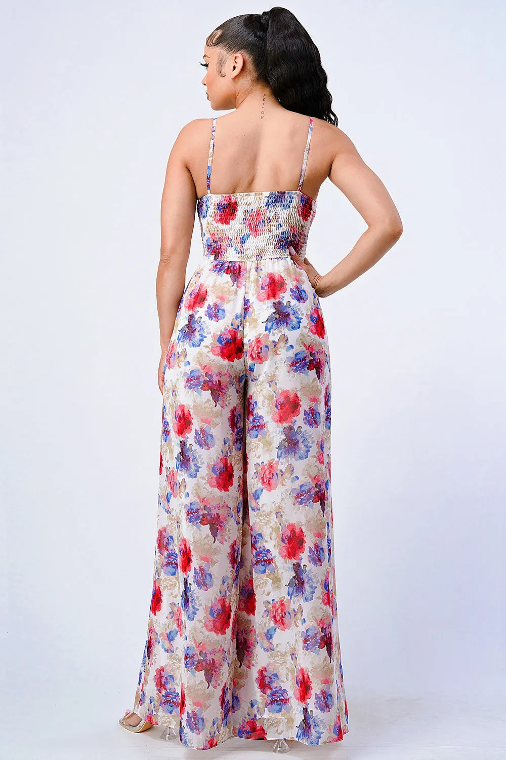 FLORAL SMOCKED KNOT KEYHOLE JUMPSUIT