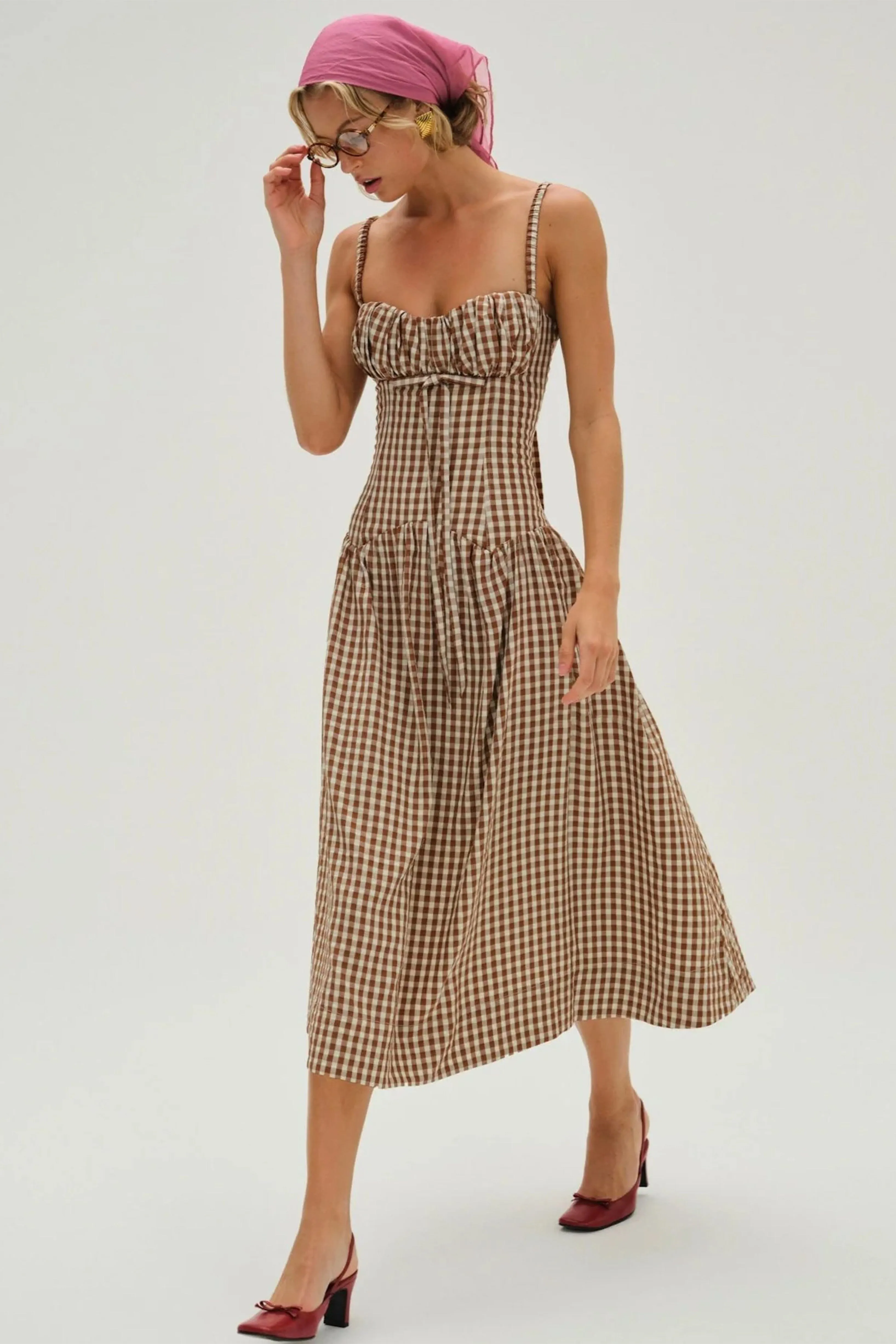 FOR LOVE & LEMONS | Gingerbread Gingham Midi Dress - Brown