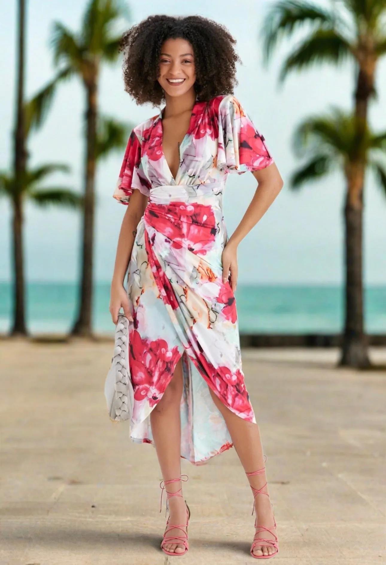 Forever Angel sleeve slinky crossover midi dress in passion flower  print