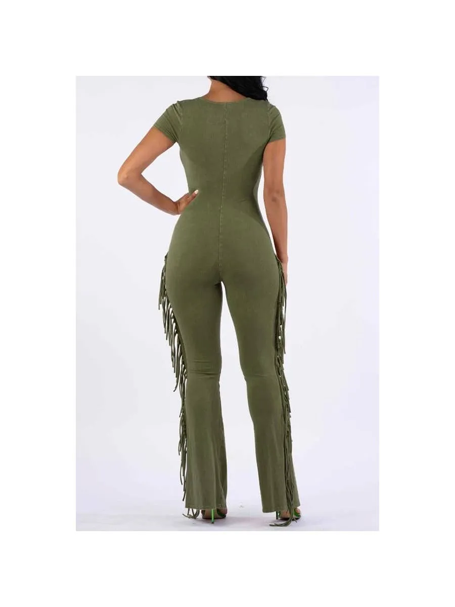 Free Spirited Fringe Jumpsuit (Olive)