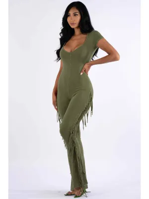 Free Spirited Fringe Jumpsuit (Olive)