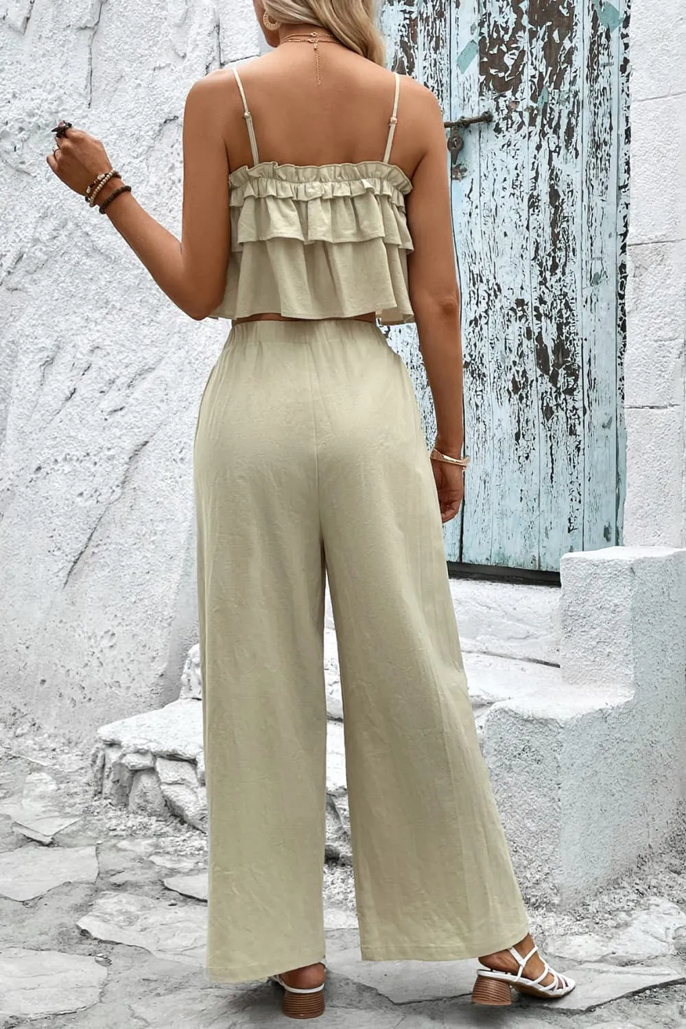 Frill Trim Cami and Wide Leg Pants Set